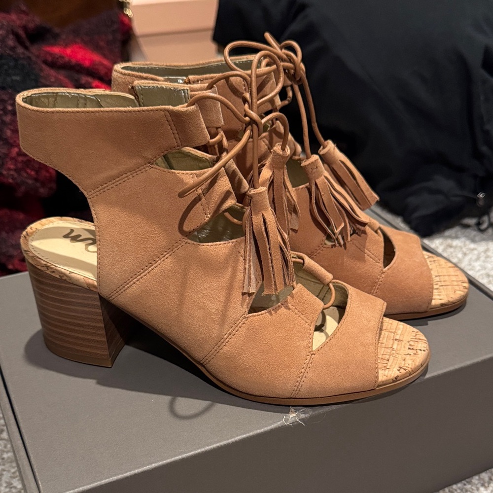 Sam Edelman Tan Lace-Up Block Heels
